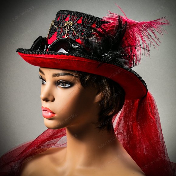 Lace Feather Victoria Steampunk Top Hat Goggle Red - Picture 1 of 9